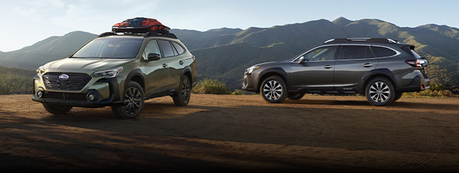 Two Subaru vehicles set against a mountain background